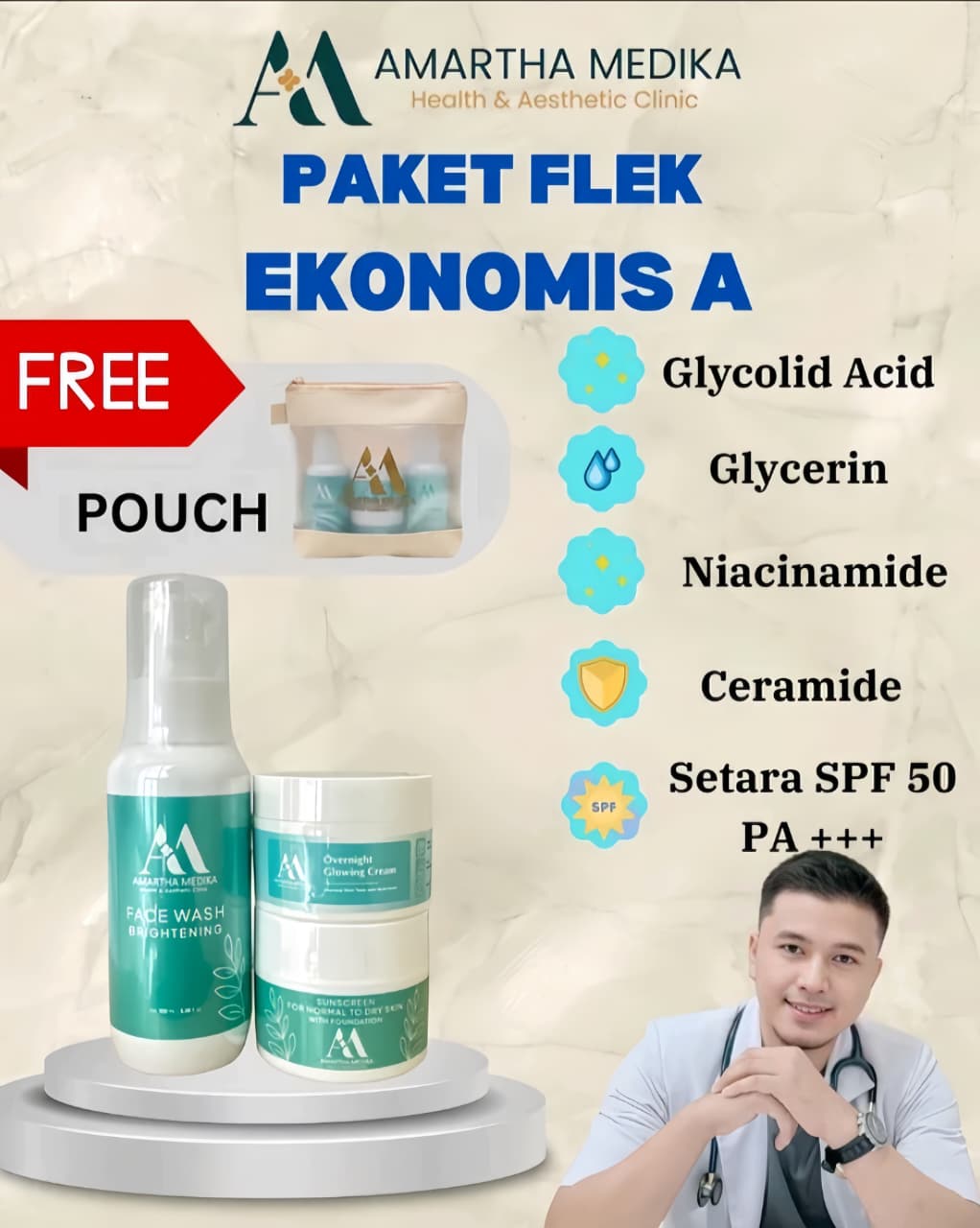 Produk Skincare Paket Flek Ekonomis A (face wash,, Glow Moisturizer, Sunscreen Normal , Overnight Glowing Cream) dari Amartha Medika
